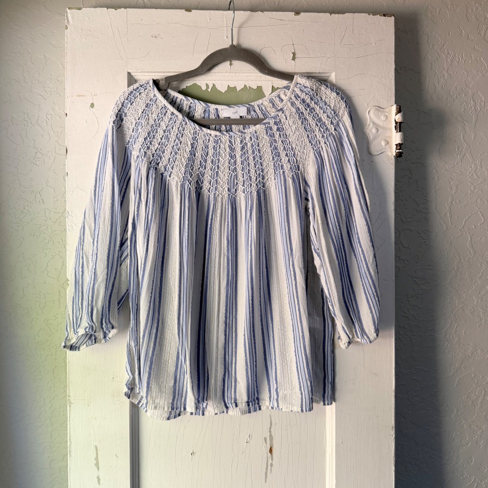 J. Jill Blue White Striped Smocked Lurex Blouse Top Petite Small PS